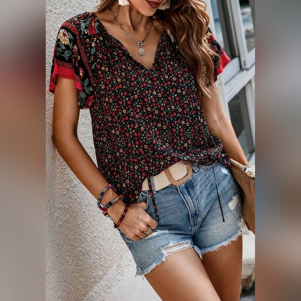 New Boho Vintage Floral Print Tie Top Blouse Black Red Green